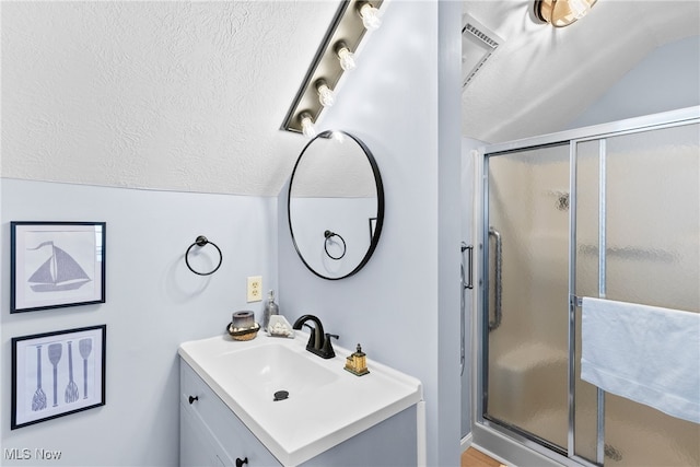 1122 Lake Rd, Conneaut, OH 44030 - bathroom featuring vanity, a textured ceiling, lofted ceiling, and a shower stall