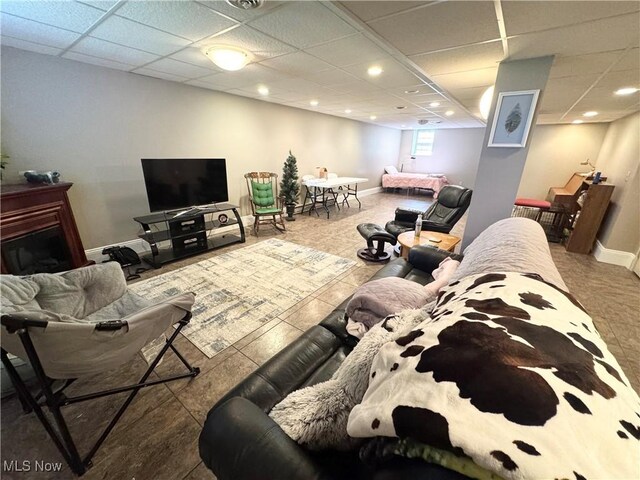 33 Mallards Xing, Canfield, OH 44406 - living room with recessed lighting, baseboards, a fireplace, and a paneled ceiling