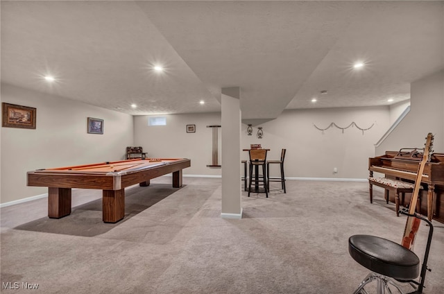 recreation room with recessed lighting, light colored carpet, baseboards, and pool table