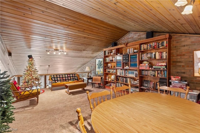living area with vaulted ceiling, wooden ceiling, and carpet