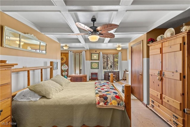 bedroom featuring coffered ceiling and beamed ceiling