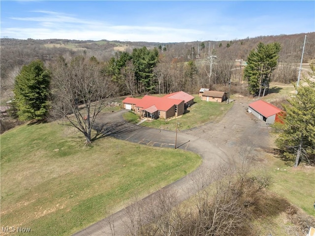 bird's eye view with a wooded view