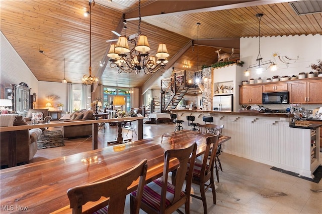 dining space with stairs, high vaulted ceiling, wood ceiling, a chandelier, and visible vents