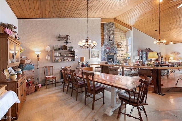 dining room featuring a fireplace, high vaulted ceiling, an inviting chandelier, and wood ceiling
