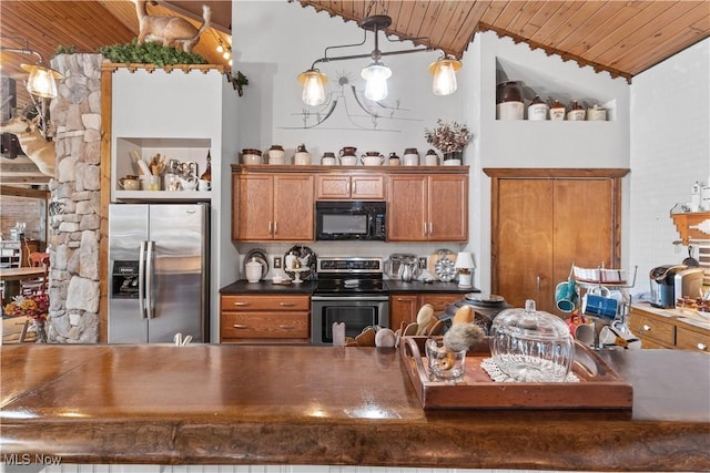 kitchen with wooden ceiling, high vaulted ceiling, dark countertops, appliances with stainless steel finishes, and brown cabinetry