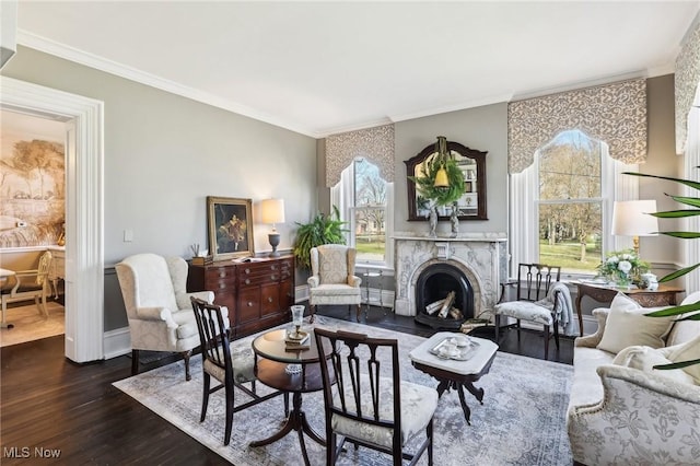 500 S Main St, Poland, OH 44514 - living area with a high end fireplace, ornamental molding, baseboards, and dark wood finished floors
