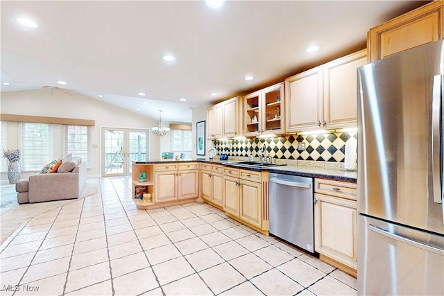 kitchen with open shelves, appliances with stainless steel finishes, open floor plan, lofted ceiling, and light tile patterned floors