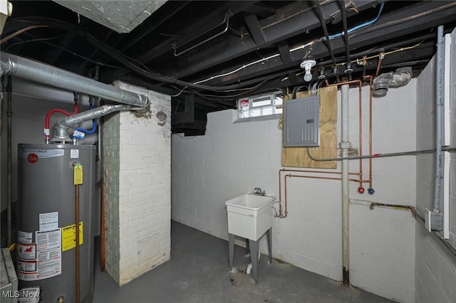 basement featuring water heater and electric panel