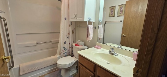 full bath featuring shower / bath combo, toilet, and vanity