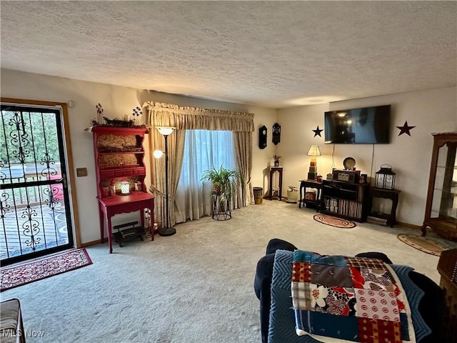 living area with baseboards, a textured ceiling, carpet floors, and plenty of natural light