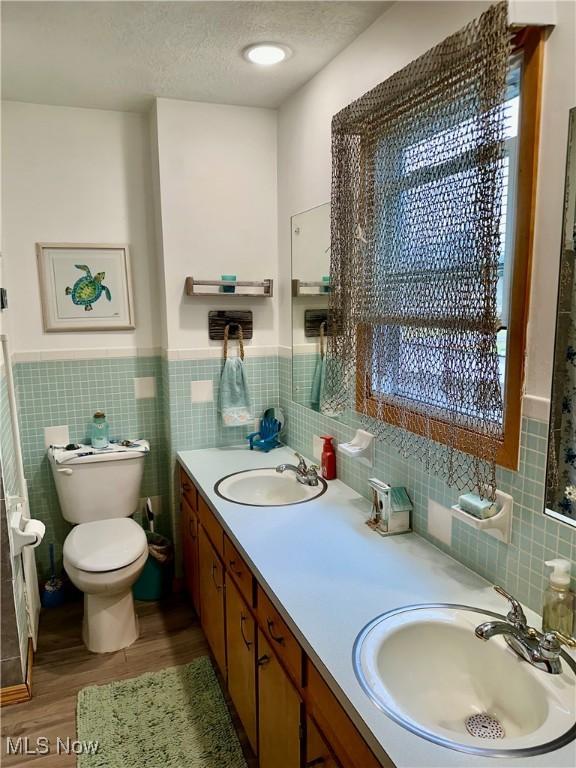 full bathroom with wood finished floors, toilet, wainscoting, and a sink