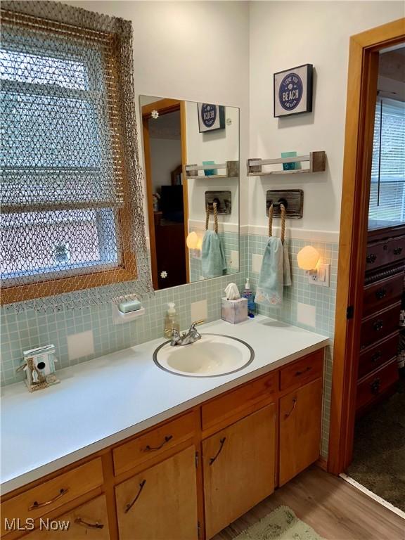 bathroom with wood finished floors and vanity