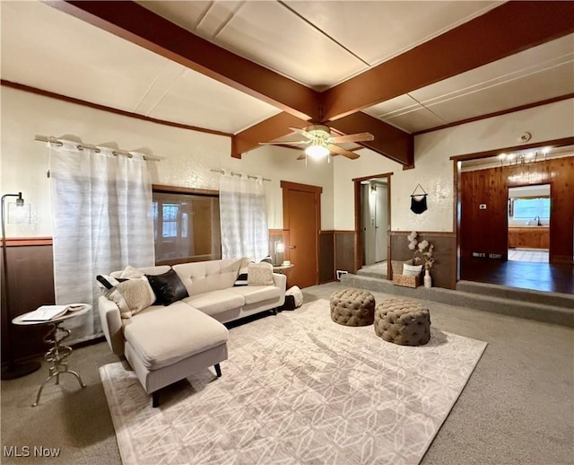 831 Fairview Ave, Parkersburg, WV 26101 - living room featuring beamed ceiling, carpet flooring, ceiling fan, and wainscoting