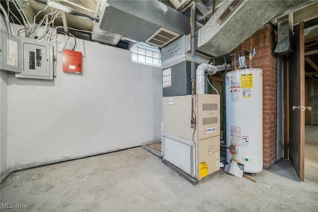 utilities featuring water heater, electric panel, and heating unit