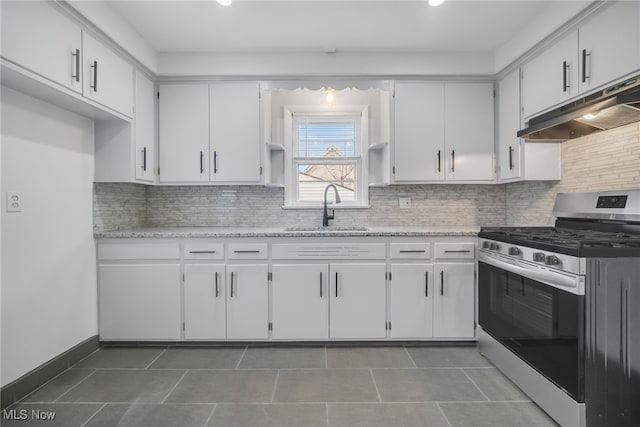 kitchen with tasteful backsplash, stainless steel gas stove, a sink, and under cabinet range hood