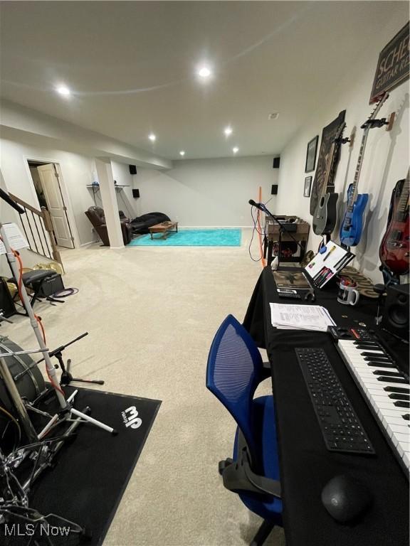 interior space featuring recessed lighting and carpet floors