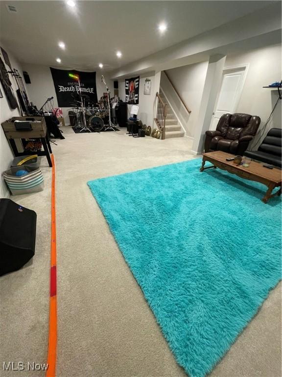 interior space with recessed lighting, stairway, and carpet floors