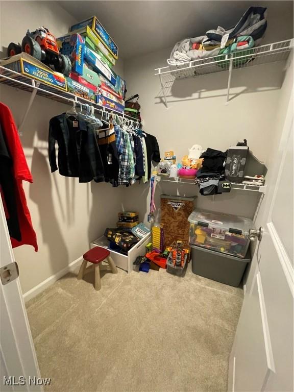 walk in closet with carpet floors