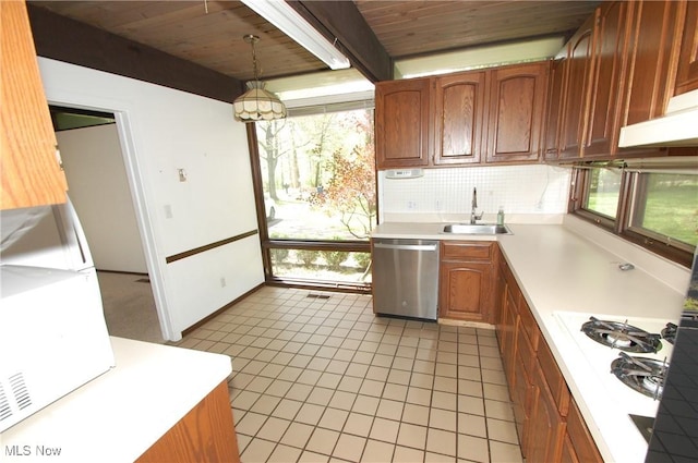 kitchen with wooden ceiling, stainless steel dishwasher, a sink, beamed ceiling, and light countertops