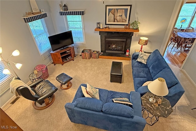 103 Southaven Ln, Kelleys Island, OH 43438 - carpeted living area with plenty of natural light, baseboards, and a fireplace