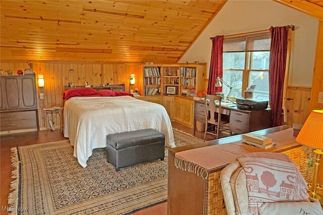 103 Southaven Ln, Kelleys Island, OH 43438 - bedroom with wood walls, lofted ceiling, wooden ceiling, a wainscoted wall, and wood finished floors