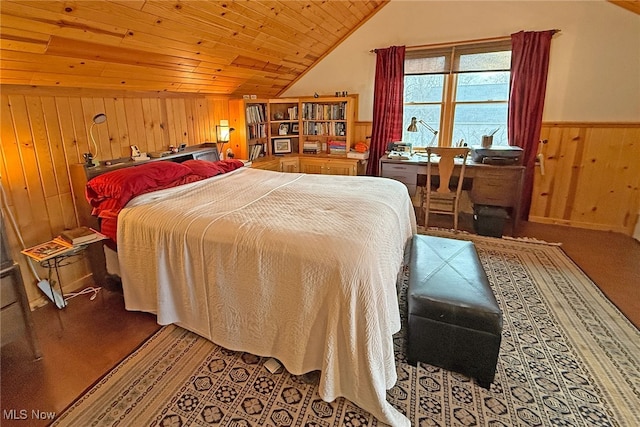 103 Southaven Ln, Kelleys Island, OH 43438 - bedroom featuring lofted ceiling, a wainscoted wall, wood ceiling, wooden walls, and wood finished floors