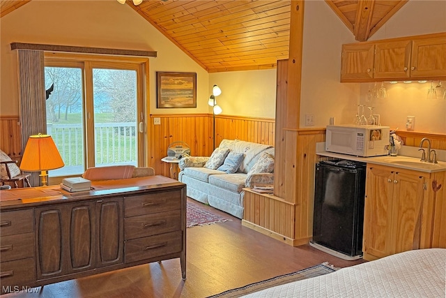 103 Southaven Ln, Kelleys Island, OH 43438 - living room with a wainscoted wall, lofted ceiling, and wood ceiling