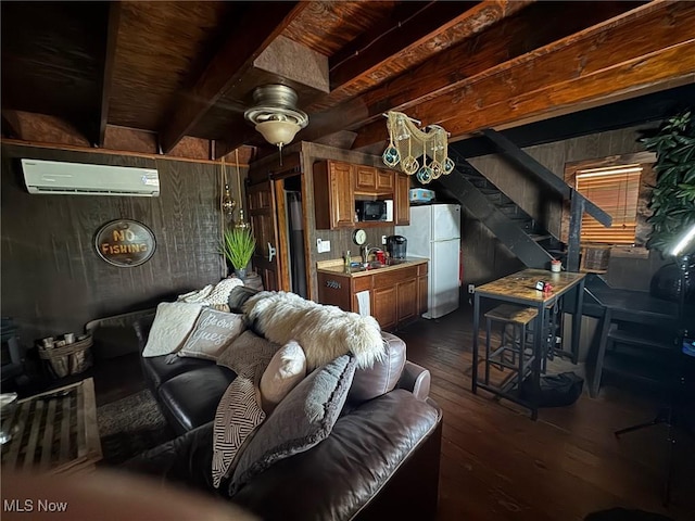 7301 Leafygreen St SW, Carrollton, OH 44615 - living area with dark wood-style floors, beamed ceiling, wooden walls, and an AC wall unit