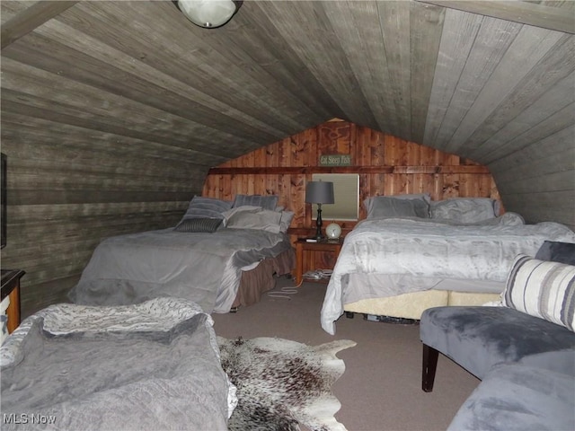 7301 Leafygreen St SW, Carrollton, OH 44615 - bedroom with lofted ceiling, wooden walls, wooden ceiling, and carpet