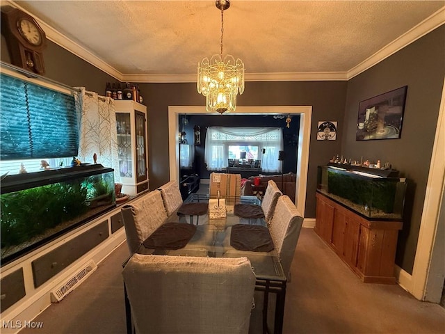 carpeted dining space featuring ornamental molding, baseboards, a chandelier, and a textured ceiling