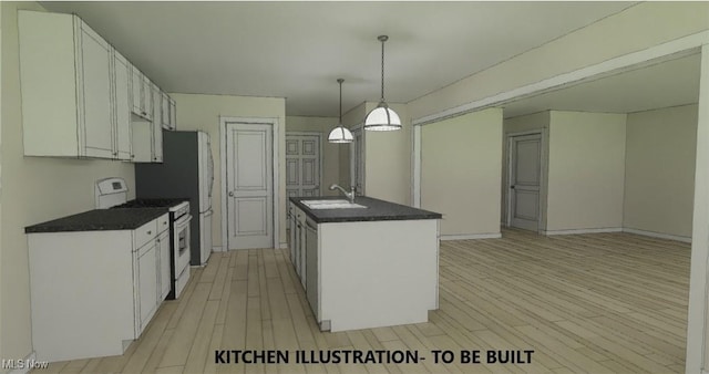 kitchen with white cabinetry, a kitchen island with sink, a sink, range with gas stovetop, and dark countertops