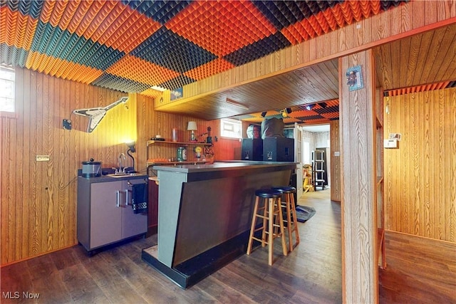 bar featuring a bar, wood finished floors, wooden walls, and a sink