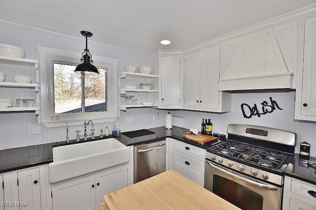 1208 Berwyn Dr SW, Sherrodsville, OH 44675 - kitchen with appliances with stainless steel finishes, open shelves, a sink, and white cabinetry