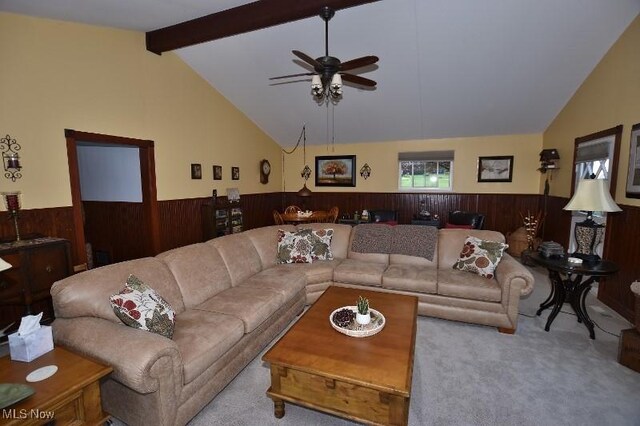 1208 Berwyn Dr SW, Sherrodsville, OH 44675 - carpeted living area featuring wainscoting, wooden walls, and ceiling fan