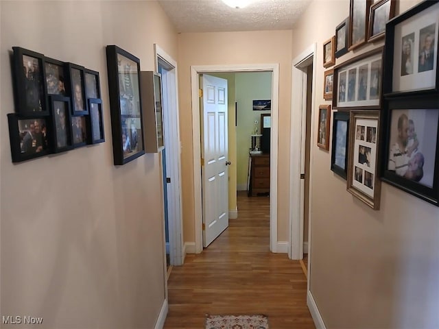25977 E Hornsby Rd, Coolville, OH 45723 - hallway featuring baseboards, wood finished floors, and a textured ceiling