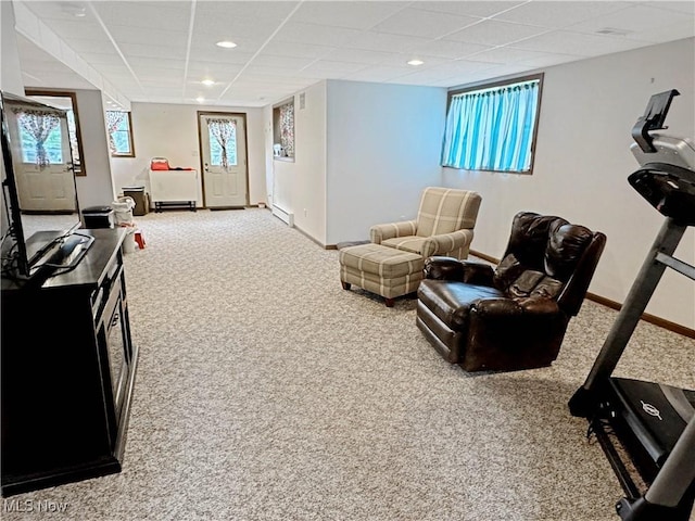 2816 Quail Run Ct, Lexington, OH 44904 - interior space with carpet flooring, baseboards, recessed lighting, a drop ceiling, and a baseboard radiator