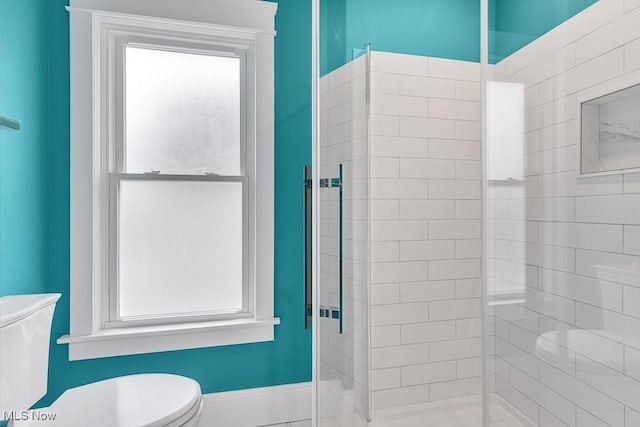 bathroom featuring toilet and a stall shower