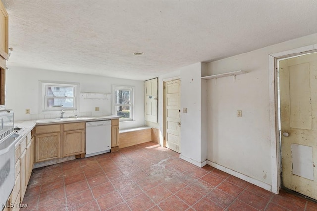 34 N Park St, Oberlin, OH 44074 - kitchen featuring white appliances, light brown cabinets, a textured ceiling, light countertops, and light tile patterned floors