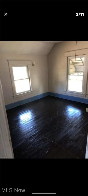 spare room with dark wood-style floors, a healthy amount of sunlight, and vaulted ceiling