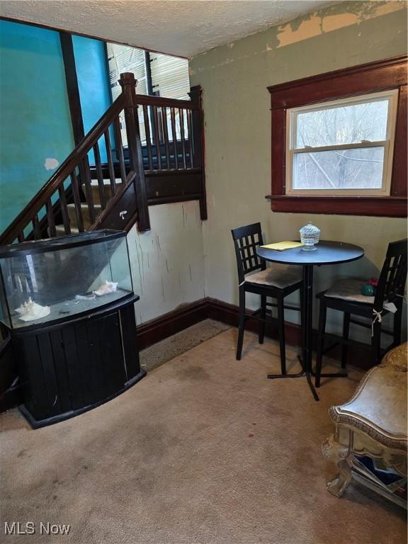 38 Royal Pl, Akron, OH 44310 - carpeted dining space featuring baseboards, stairs, and a textured ceiling