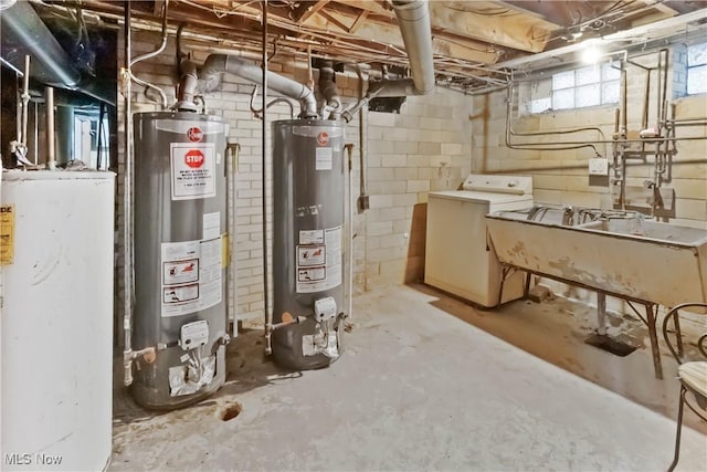17809 Harvard Ave, Cleveland, OH 44128 - utility room featuring water heater, a sink, and washer / dryer