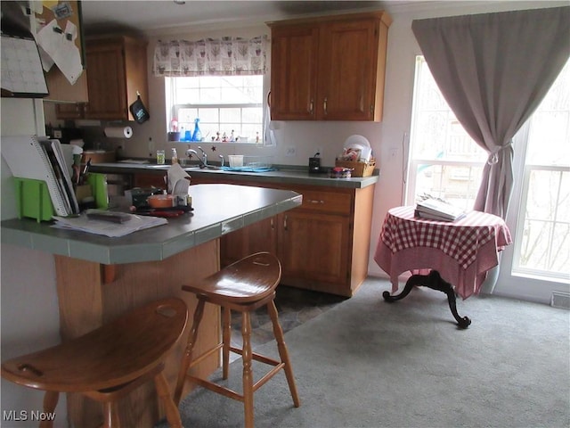 5372 Slater Rd, Williamsfield, OH 44093 - kitchen featuring brown cabinets, healthy amount of natural light, exhaust hood, and tile counters