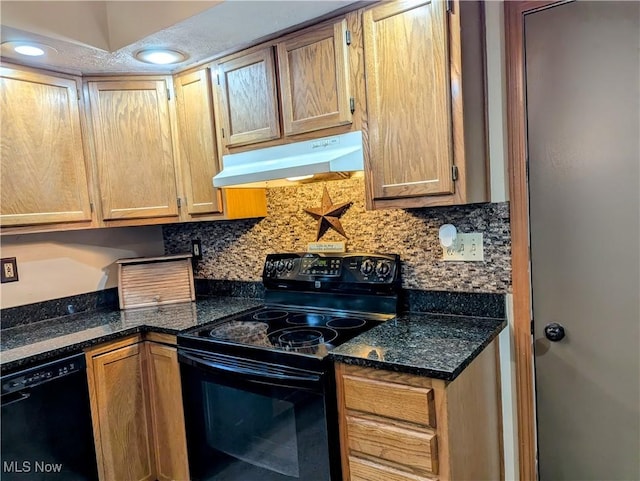 44790 County Road 23, Coshocton, OH 43812 - kitchen featuring recessed lighting, under cabinet range hood, black appliances, and backsplash
