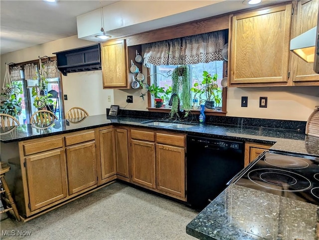 44790 County Road 23, Coshocton, OH 43812 - kitchen featuring a peninsula, a sink, black appliances, and a wealth of natural light