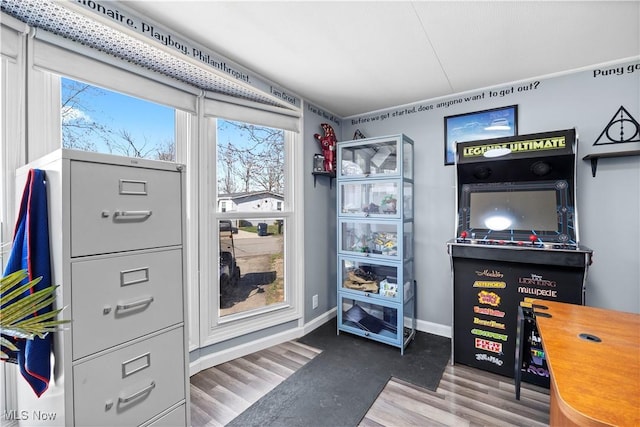 rec room with baseboards and wood finished floors