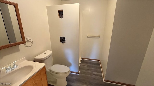 bathroom featuring toilet, vanity, baseboards, and wood finished floors