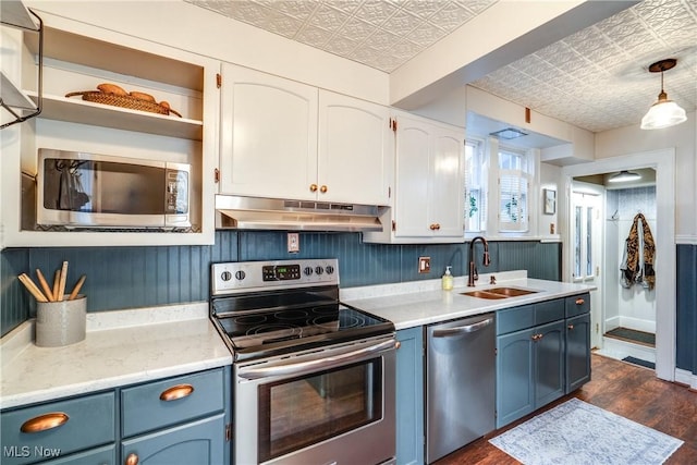 kitchen featuring blue cabinetry, stainless steel appliances, an ornate ceiling, under cabinet range hood, and a sink