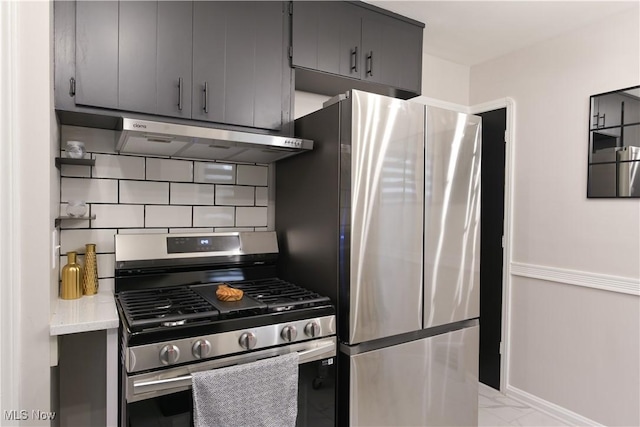 4019 W 226th St, Fairview Park, OH 44126 - kitchen with stainless steel appliances, under cabinet range hood, gray cabinets, decorative backsplash, and light marble finish floors