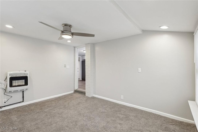 interior space featuring carpet, baseboards, recessed lighting, a ceiling fan, and heating unit