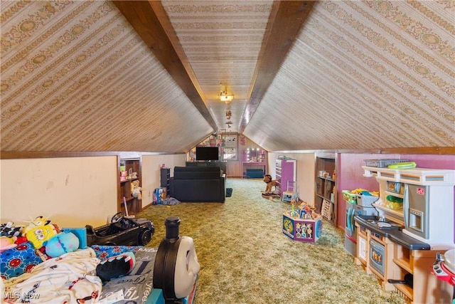 recreation room featuring wood ceiling, vaulted ceiling, and carpet